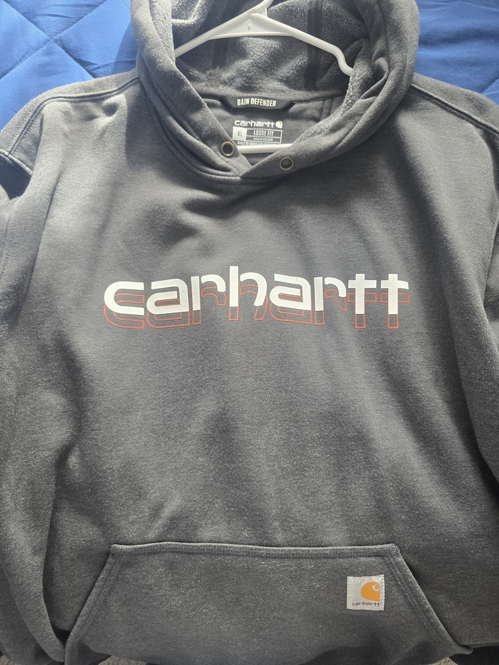 Carhartt Charcoal Gray Hooded Sweatshirt with White and Red Logo